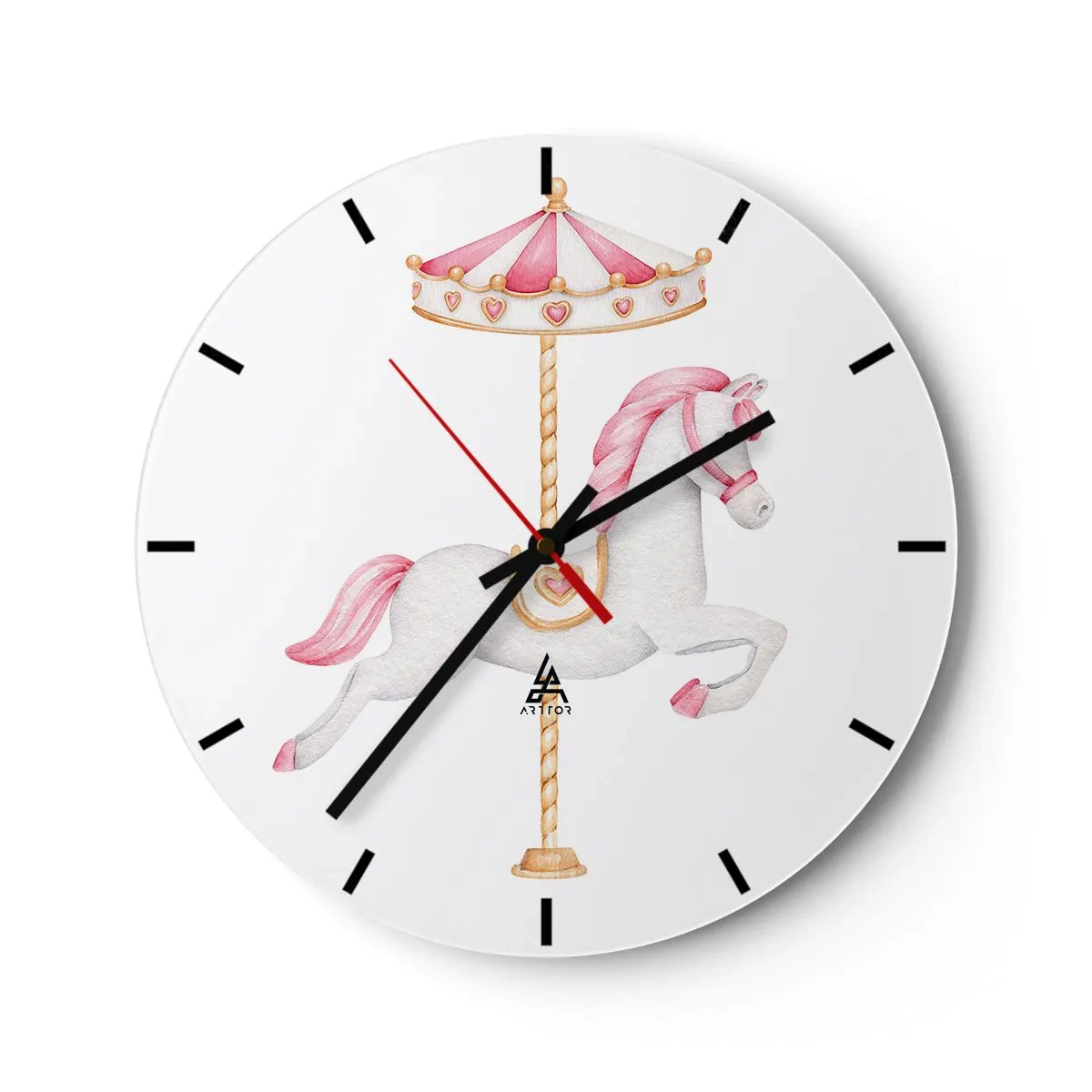 Wall clock - Clock on glass - A white carousel horse with a pink saddle on a white background - 30x30cm - Off the Hoofs - Modern wall decoration for the living room, kitchen, and bedroom ARTTOR