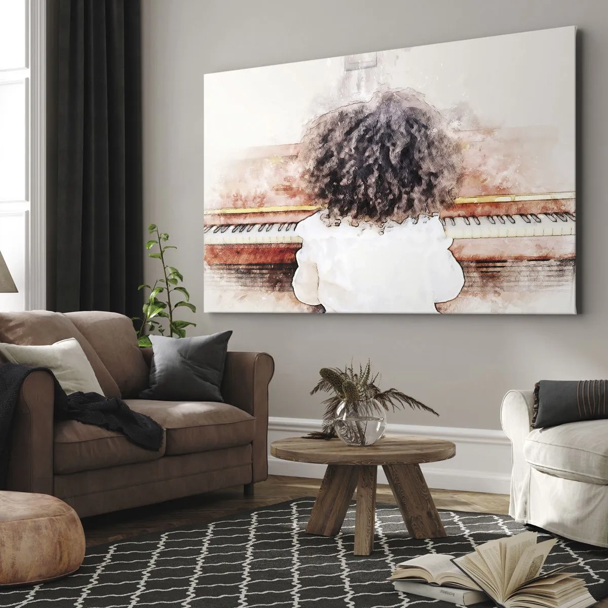 Canvas picture - A girl with bushy hair at the piano - 70x50cm - In a New World - Modern wall decoration for the living room and bedroom ARTTOR