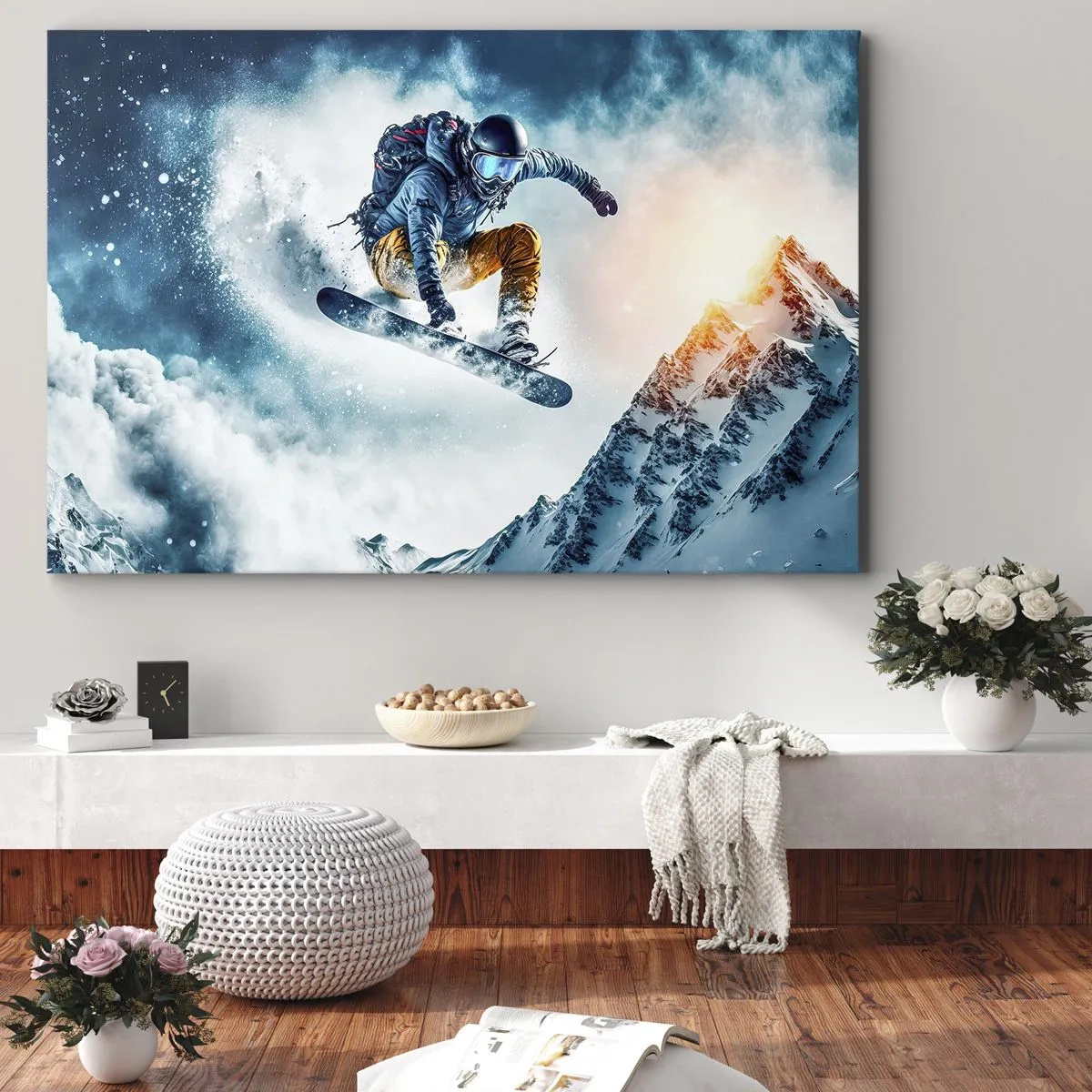 Canvas picture - A snowboarder flies over snow-capped mountains - 70x50cm - Extreme Emotions - Modern wall decoration for the living room and bedroom ARTTOR