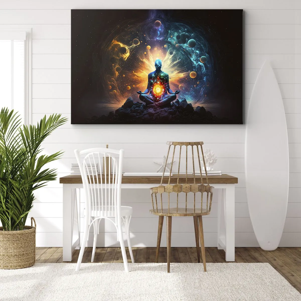 Canvas picture - A figure in meditation surrounded by a cosmic aura - 70x50cm - Cosmic Calm - Modern wall decoration for the living room and bedroom ARTTOR