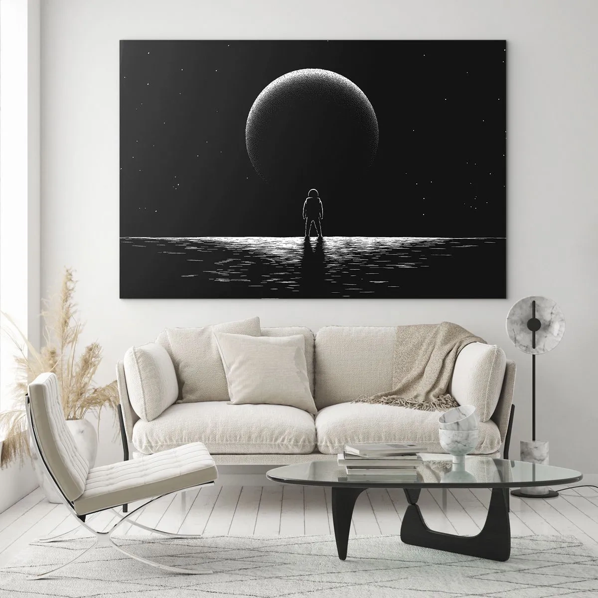Glass picture - Astronaut standing in front of a planet in black and white - 70x50cm - Face to Face - Modern wall decoration for the living room and bedroom ARTTOR