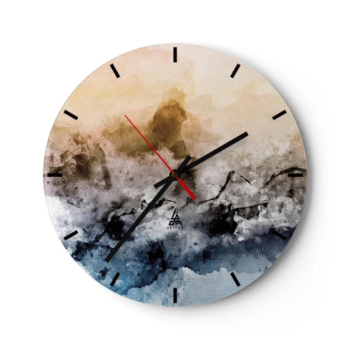 Wall clock - Clock on glass - An abstract landscape in shades of fog, brown and blue. - 30x30cm - Drowned in Fog - Modern wall decoration for the living room, kitchen, and bedroom ARTTOR