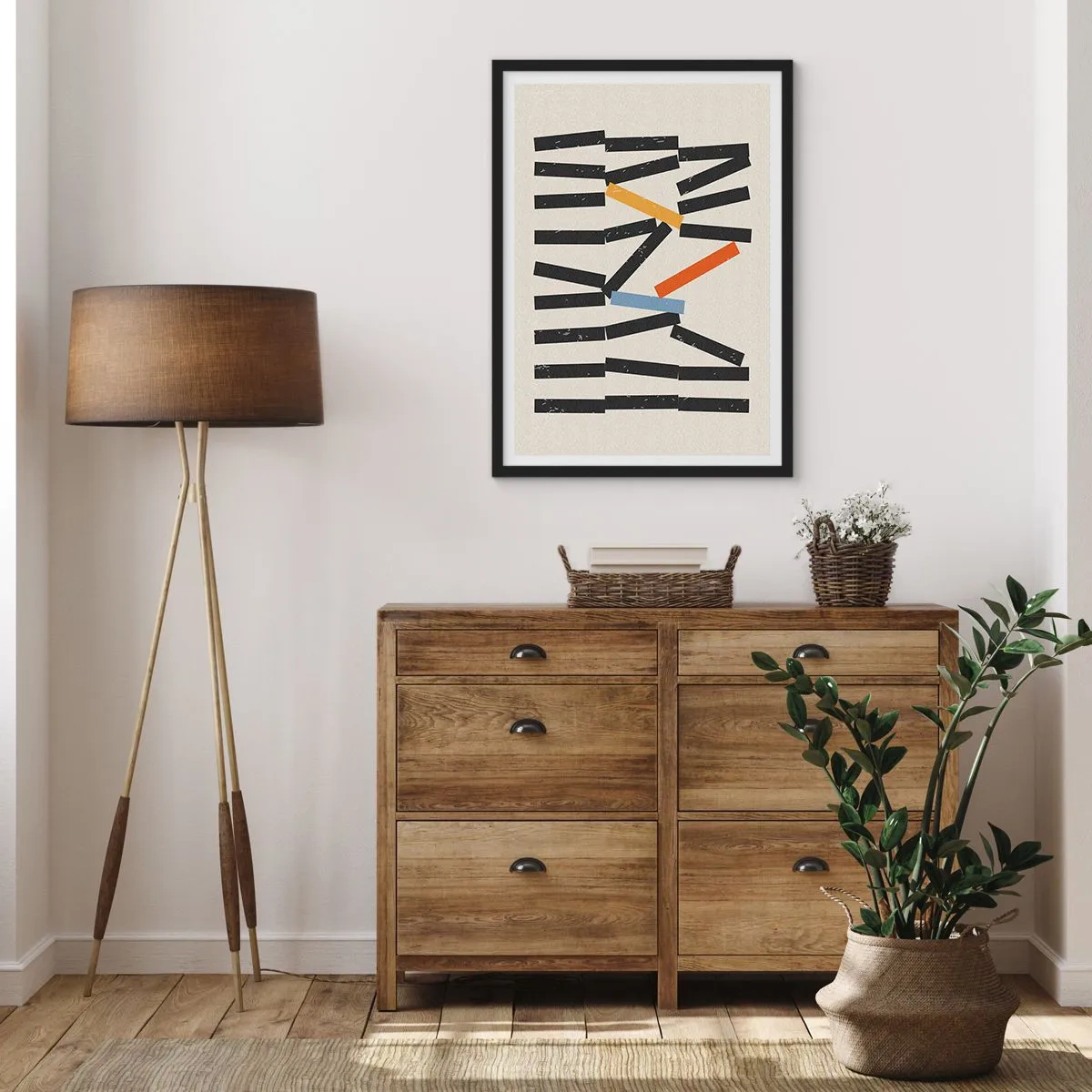 Poster in black frame - Abstract geometric composition with colorful accents - 50x70cm - Domino - Composition - Modern wall decoration for the living room and bedroom ARTTOR