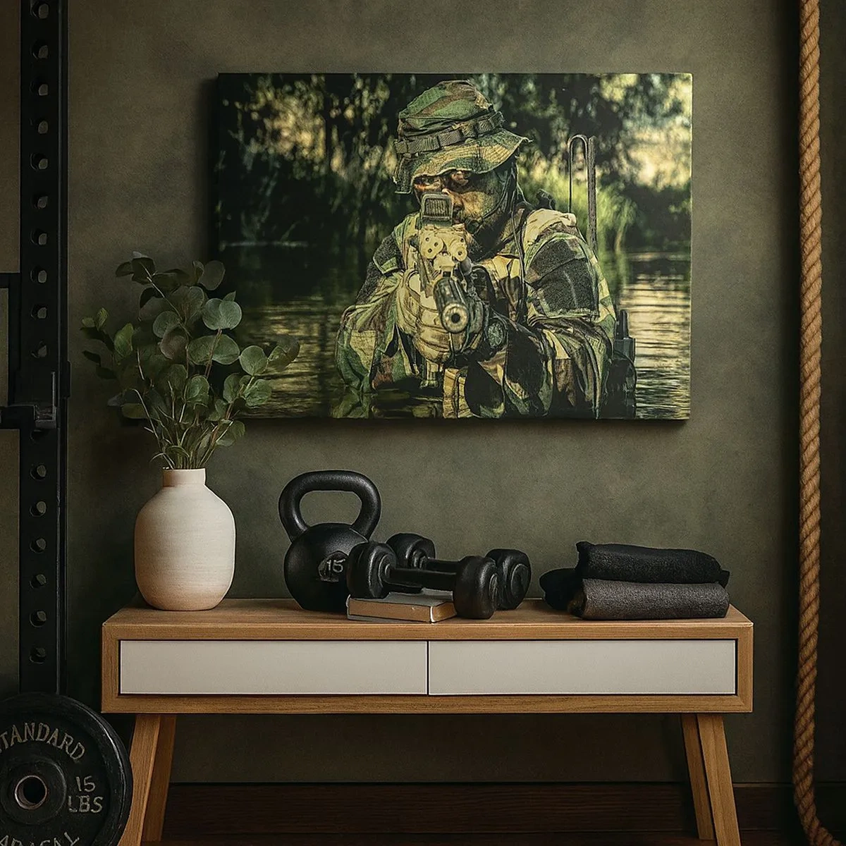 Canvas picture - A soldier in camouflage aims through the water. - 70x50cm - Best of the Best - Modern wall decoration for the living room and bedroom ARTTOR