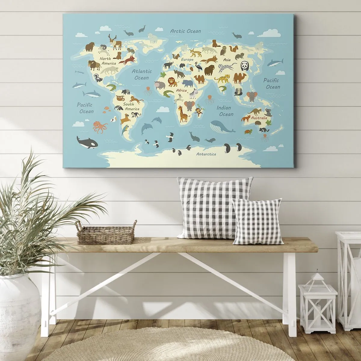 Canvas picture - World map with animal illustrations - 70x50cm - Good Neighbours - Modern wall decoration for the living room and bedroom ARTTOR