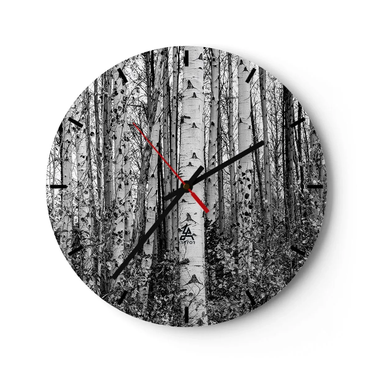 Wall clock - Clock on glass - Black and white birch forest in a minimalist style - 30x30cm - Birch Colonnade - Modern wall decoration for the living room, kitchen, and bedroom ARTTOR
