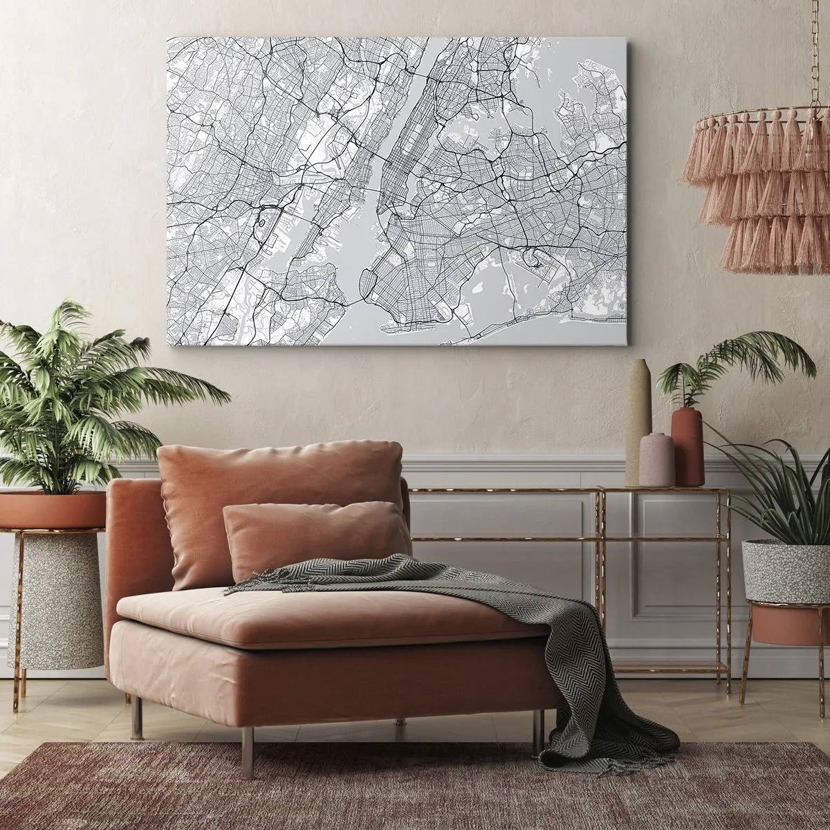 Canvas picture - A city map in a minimalist style on a gray background - 70x50cm - Anatomy of Metropolis - Modern wall decoration for the living room and bedroom ARTTOR