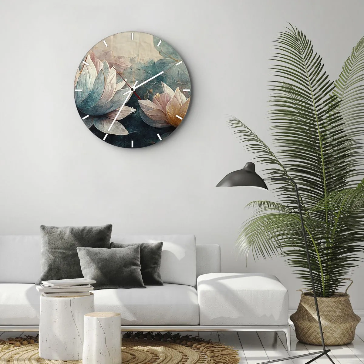 Wall clock - Clock on glass - Lotus flowers against the background of the green-blue surface of the lake - 30x30cm - Stars of the Lake - Modern wall decoration for the living room, kitchen, and bedroom ARTTOR
