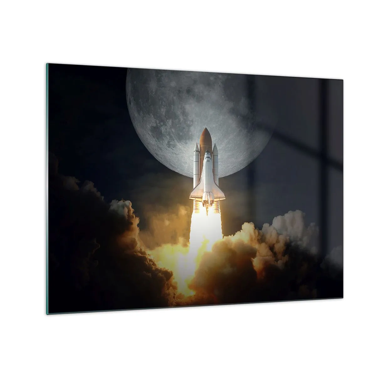 Glass picture - A space rocket launch against the backdrop of the moon and night sky. - 70x50cm - Beginning of Unearthly Adventure - Modern wall decoration for the living room and bedroom ARTTOR
