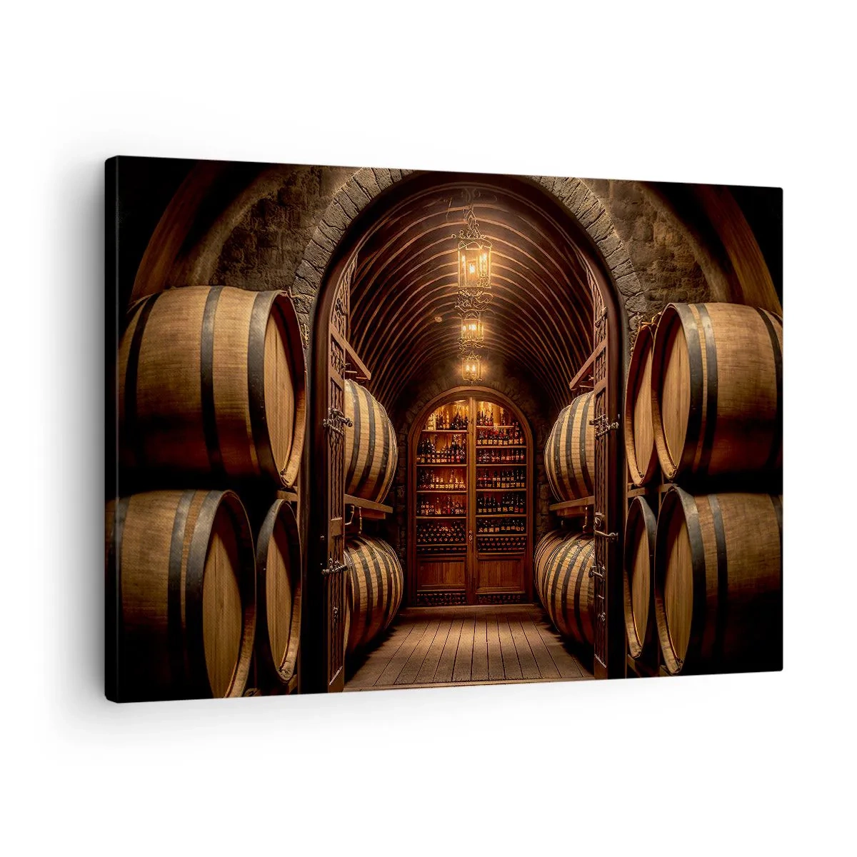 Canvas picture - Wine cellar with wooden barrels and wine shelves - 70x50cm - Atmospheric Cellar - Modern wall decoration for the living room and bedroom ARTTOR