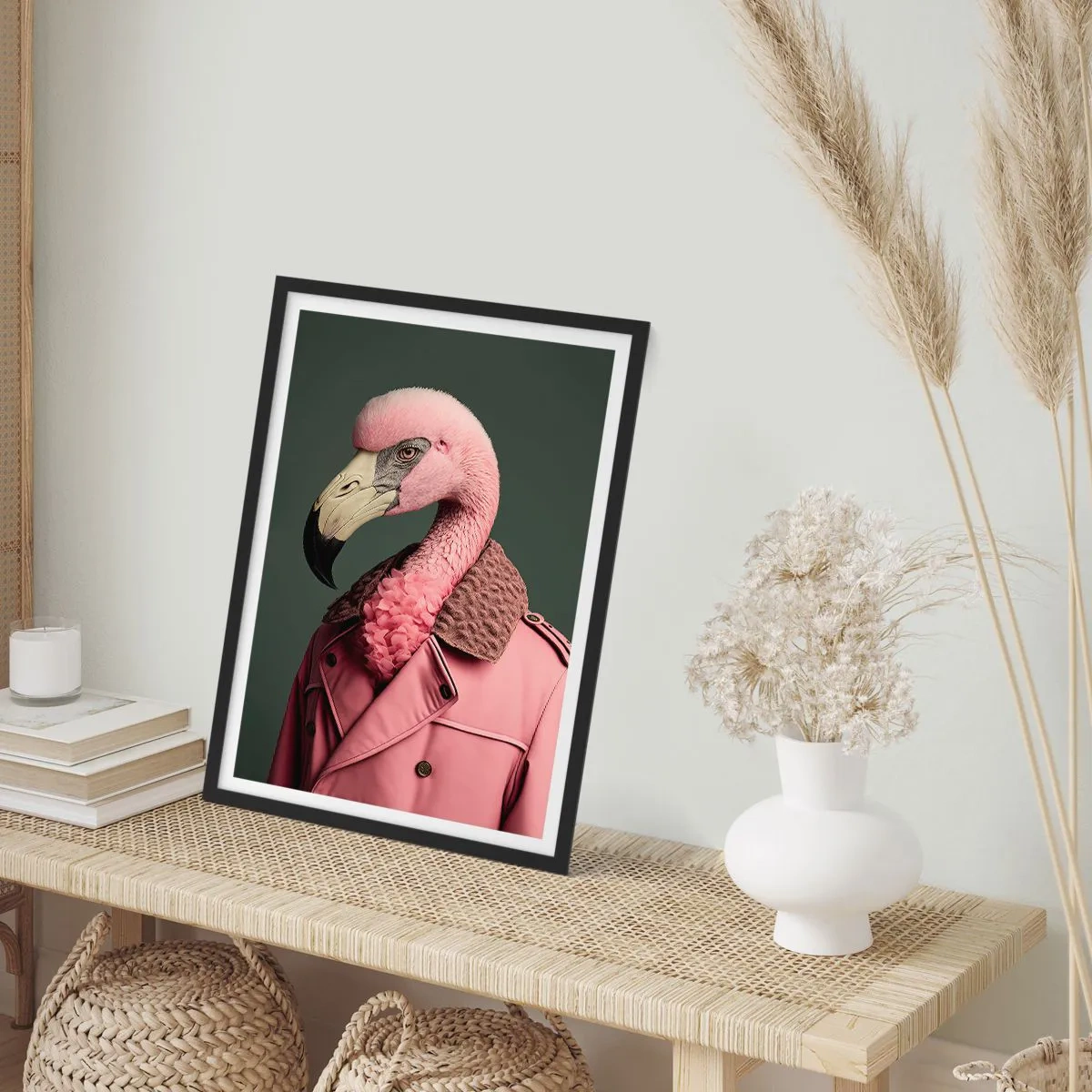 Poster in black frame - A stylish flamingo in an elegant coat - 50x70cm - Real Elegant - Modern wall decoration for the living room and bedroom ARTTOR