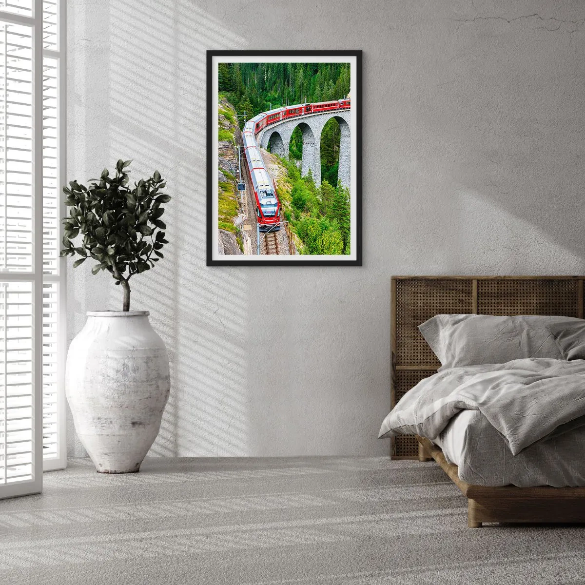 Poster in black frame - A red train on a viaduct surrounded by a green forest - 50x70cm - Time for Mountin Views - Modern wall decoration for the living room and bedroom ARTTOR