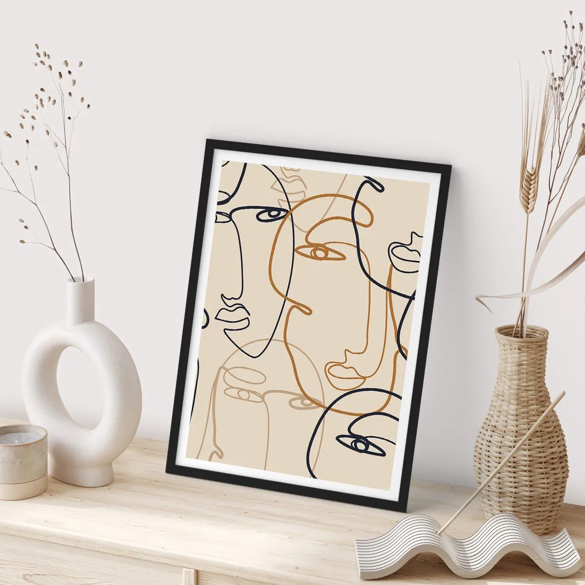 Poster in black frame - Minimalist drawings of faces on a beige background - 50x70cm - Multiplied Portrait - Modern wall decoration for the living room and bedroom ARTTOR