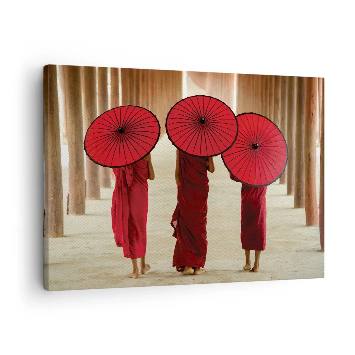 Canvas picture - Three monks with red umbrellas in traditional architecture - 70x50cm - On the Way to Pure Country - Modern wall decoration for the living room and bedroom ARTTOR