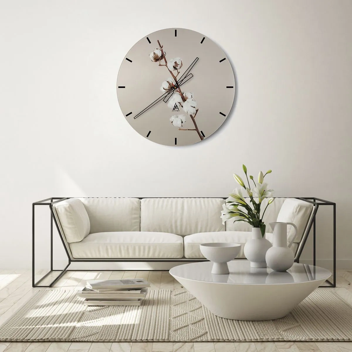 Wall clock - Clock on glass - A sprig of cotton on a beige background in a minimalist style - 30x30cm - At the Heart of Softness - Modern wall decoration for the living room, kitchen, and bedroom ARTTOR