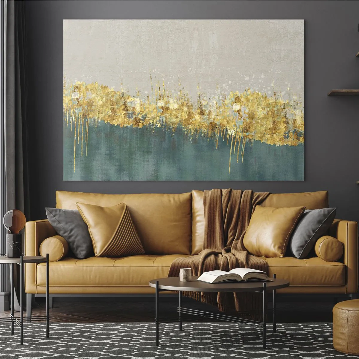 Glass picture - Gold accents create a border between beige and bottle green - 70x50cm - Golden Border - Modern wall decoration for the living room and bedroom ARTTOR