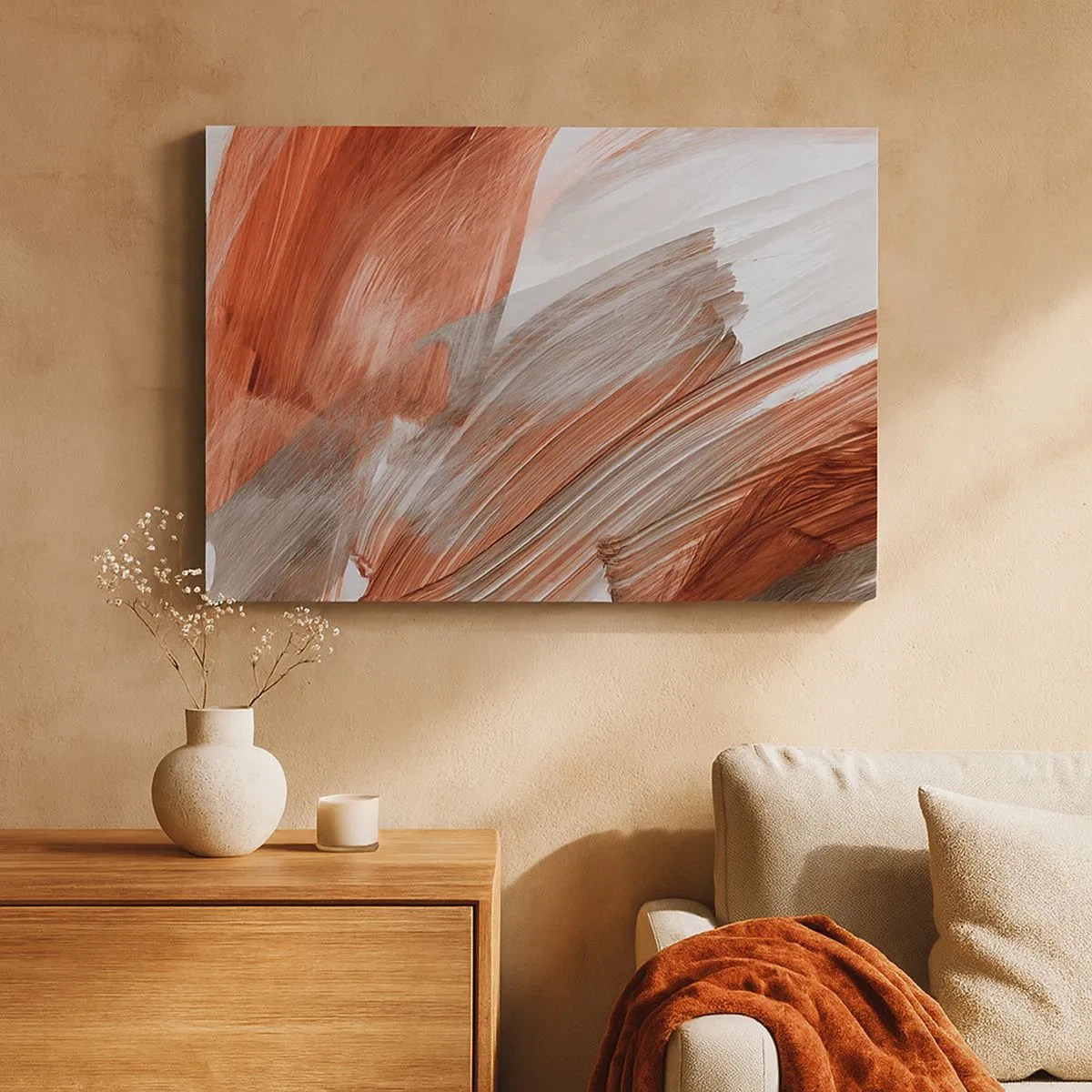 Canvas picture - Abstract brushstrokes in shades of copper and gray - 70x50cm - Autumnal and Windy Abstract - Modern wall decoration for the living room and bedroom ARTTOR