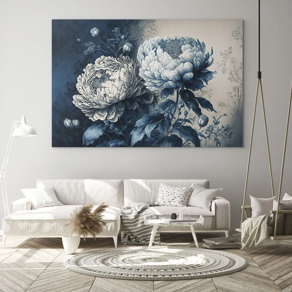 Glass picture - Two-tone peonies in shades of blue and beige on a vintage background - 70x50cm - Matched Couple - Modern wall decoration for the living room and bedroom ARTTOR