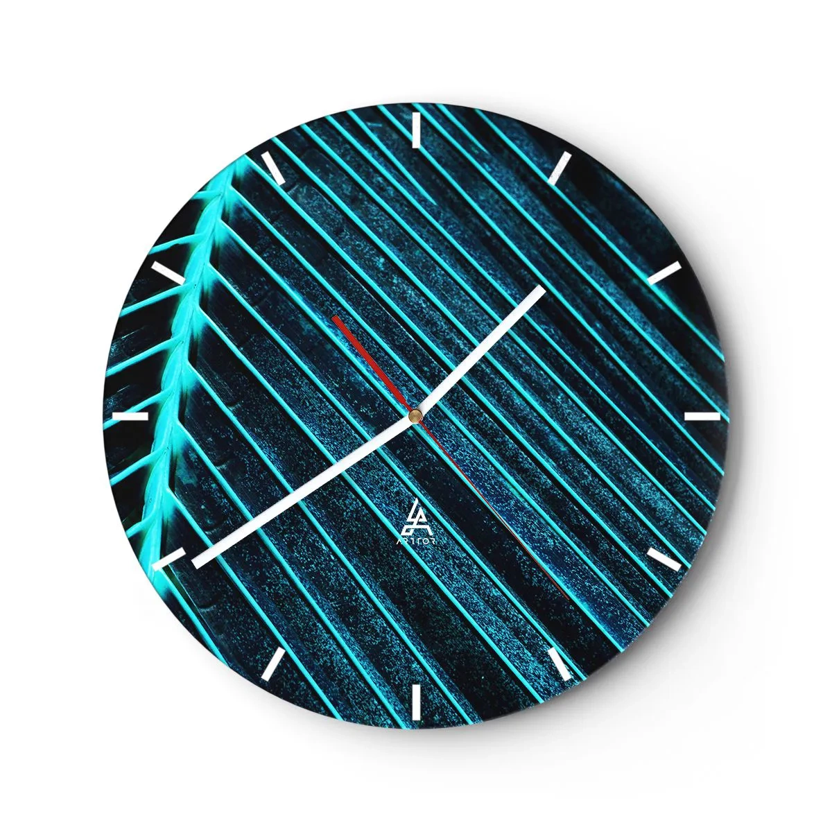 Wall clock - Clock on glass - A close-up of a palm leaf in shades of green and turquoise. - 30x30cm - Texture of Green - Modern wall decoration for the living room, kitchen, and bedroom ARTTOR