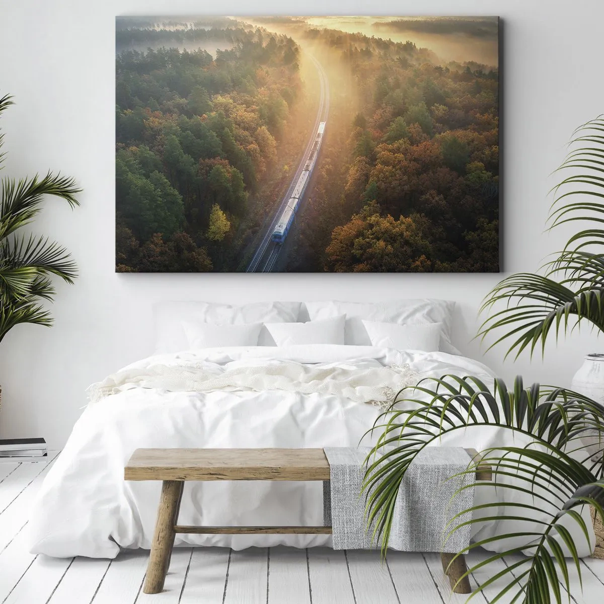 Canvas picture - train in an autumn forest at dawn - 70x50cm - Autumn Trip - Modern wall decoration for the living room and bedroom ARTTOR