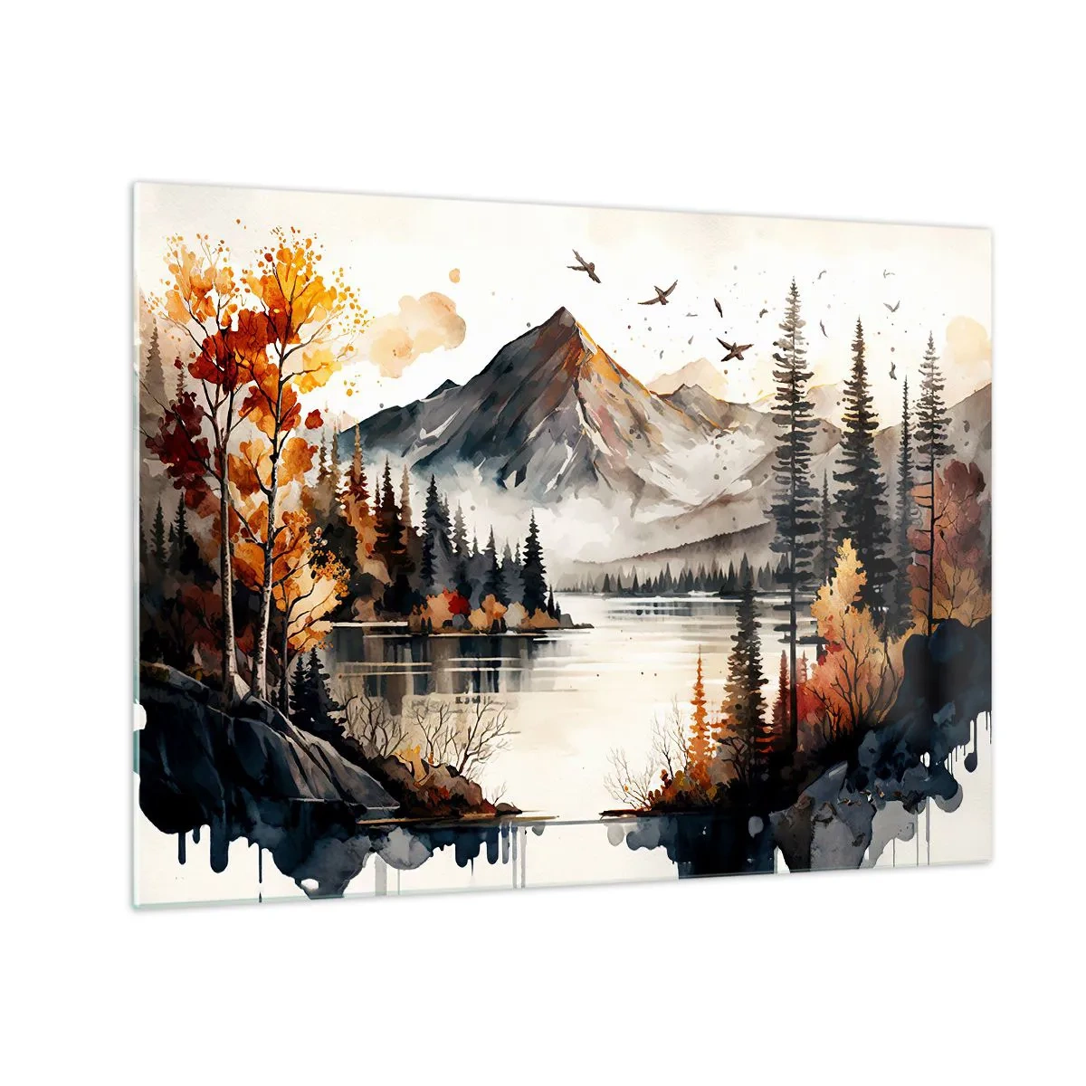 Glass picture - Autumn mountain landscape with a lake and forest - 70x50cm - Golden Autumn in the Mountains - Modern wall decoration for the living room and bedroom ARTTOR