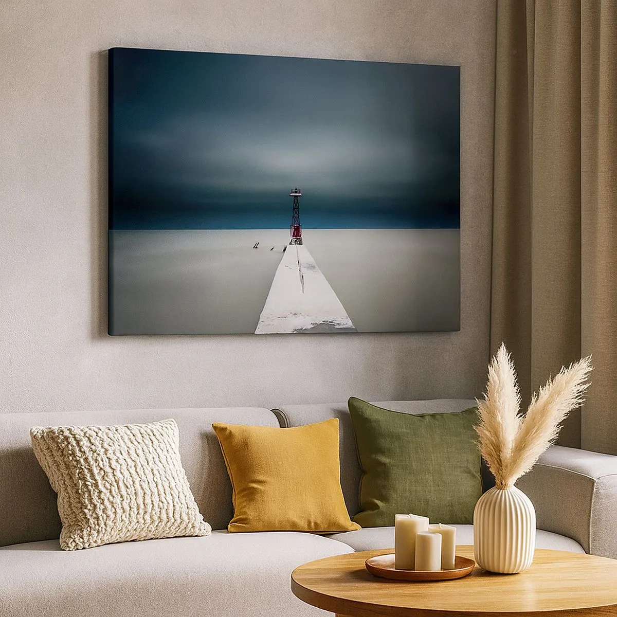 Canvas picture - A lighthouse at the end of a concrete pier in a stark landscape - 70x50cm - Encounter with Infinity - Modern wall decoration for the living room and bedroom ARTTOR