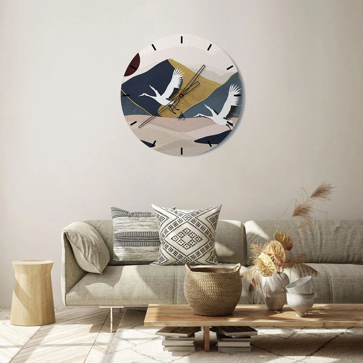 Wall clock - Clock on glass - Cranes in flight against the backdrop of abstract mountains and the sun - 30x30cm - Another Day Has Flown By - Modern wall decoration for the living room, kitchen, and bedroom ARTTOR