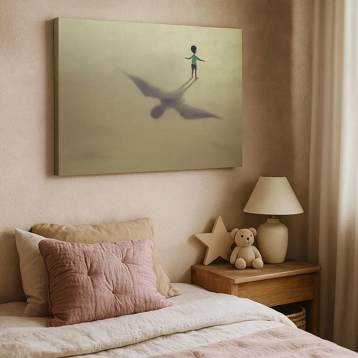 Canvas picture - A symbolic figure of a child with the shadow of a bird against a background in warm shades. - 70x50cm - Hero of the Future - Modern wall decoration for the living room and bedroom ARTTOR