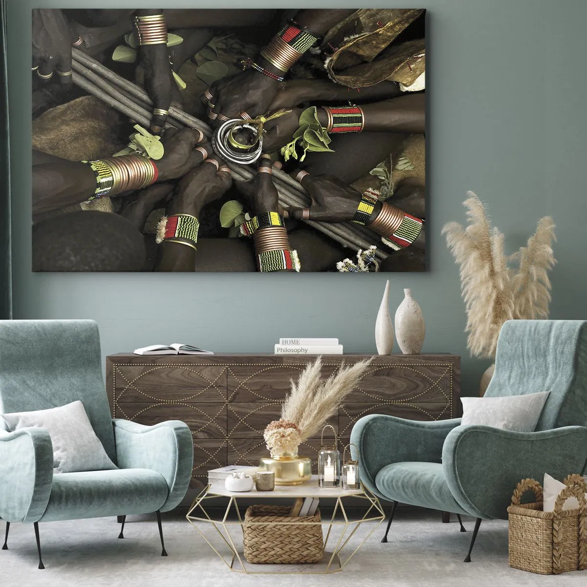 Canvas picture - Traditional hand bracelets in a group of hands - 70x50cm - We Are Together - Modern wall decoration for the living room and bedroom ARTTOR