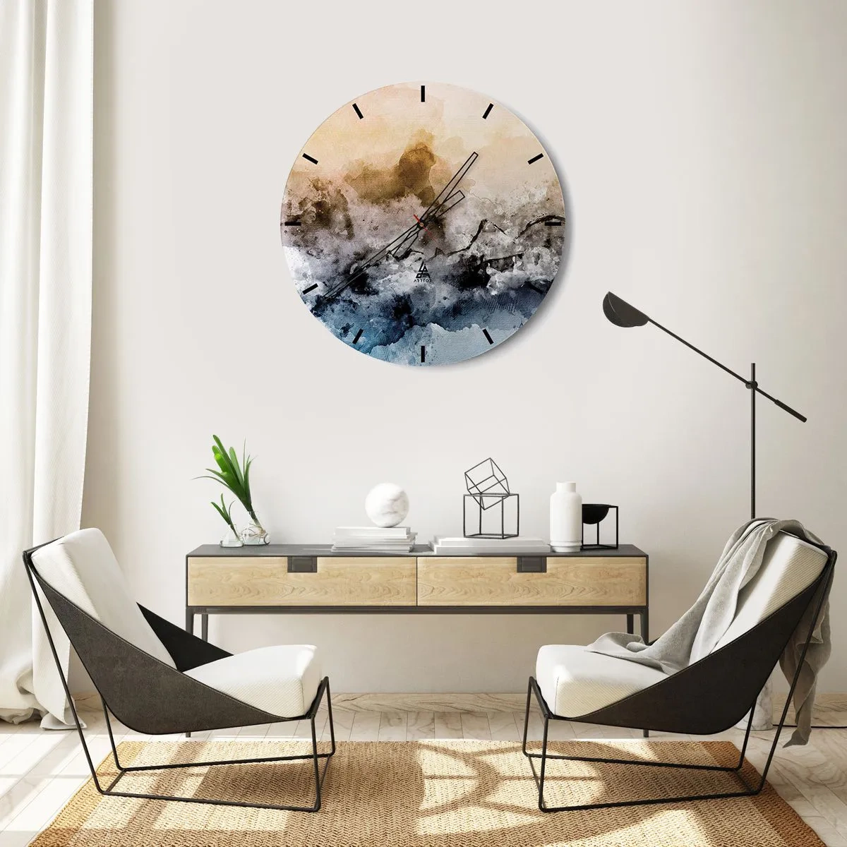 Wall clock - Clock on glass - An abstract landscape in shades of fog, brown and blue. - 30x30cm - Drowned in Fog - Modern wall decoration for the living room, kitchen, and bedroom ARTTOR