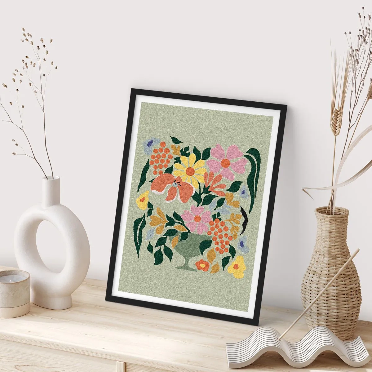 Poster in black frame - A colorful flower arrangement in a decorative vase on a green background - 50x70cm - Bouquet Brimming with Life - Modern wall decoration for the living room and bedroom ARTTOR