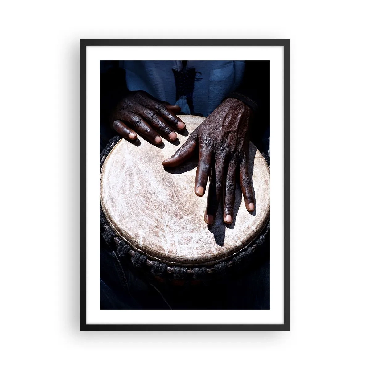 Poster in black frame - Hands playing a djembe drum in a rhythm game - 50x70cm - Live at Your Own Rhythm - Modern wall decoration for the living room and bedroom ARTTOR