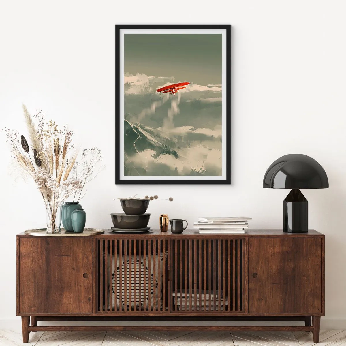 Poster in black frame - A red biplane in the sky - 50x70cm - Fearless Pioneer - Modern wall decoration for the living room and bedroom ARTTOR