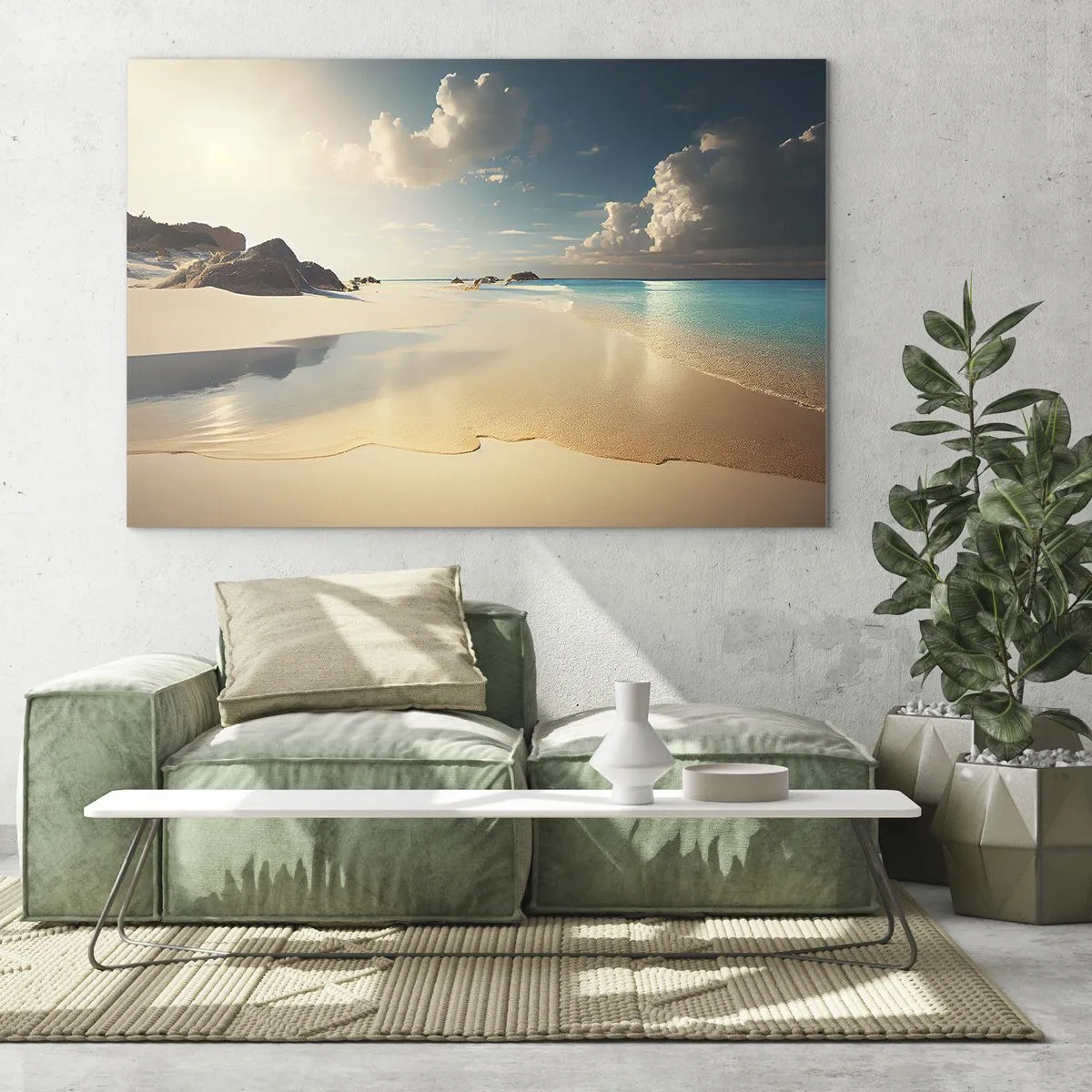 Glass picture - Golden beach and turquoise sea in the light of the morning sun - 70x50cm - Dream Day - Modern wall decoration for the living room and bedroom ARTTOR