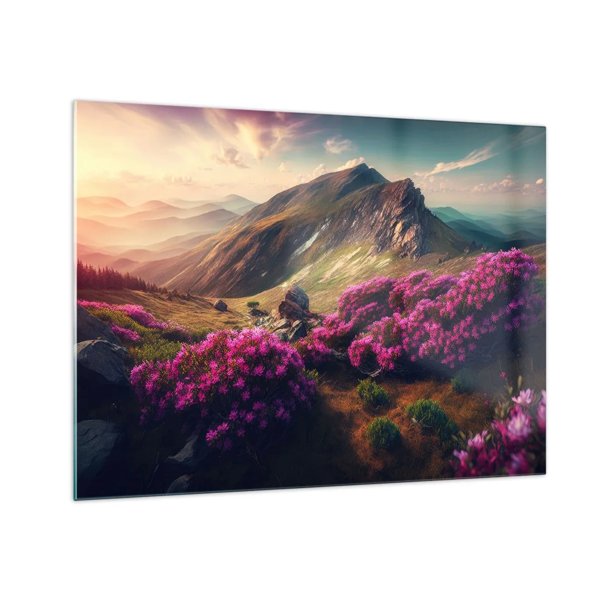 Glass picture - Summer mountain landscape with blooming pink heather - 70x50cm - Summer in the Mountains - Modern wall decoration for the living room and bedroom ARTTOR