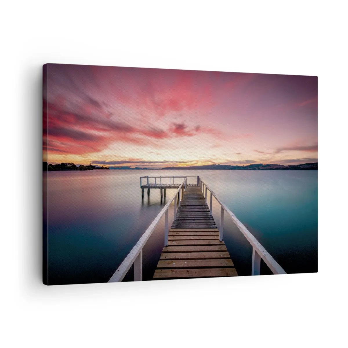 Canvas picture - A jetty leading to a tranquil lake at sunset - 70x50cm - Mild Flame of an Evening - Modern wall decoration for the living room and bedroom ARTTOR
