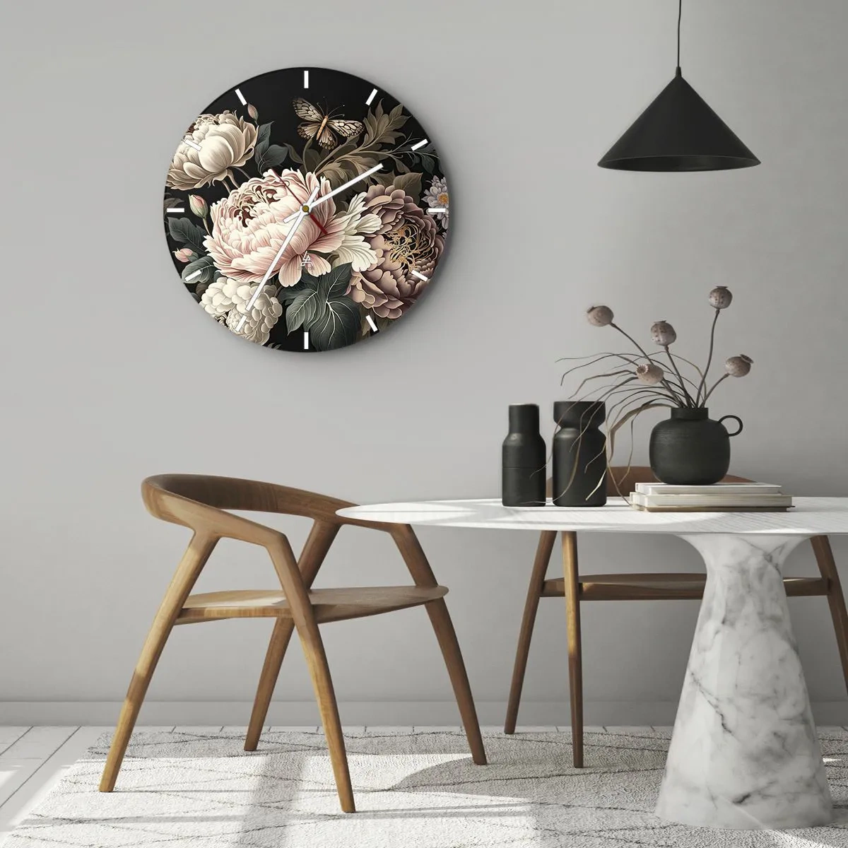 Wall clock - Clock on glass - Rose peonies and a butterfly on a black background in a classic style - 30x30cm - Baroque Style - Modern wall decoration for the living room, kitchen, and bedroom ARTTOR