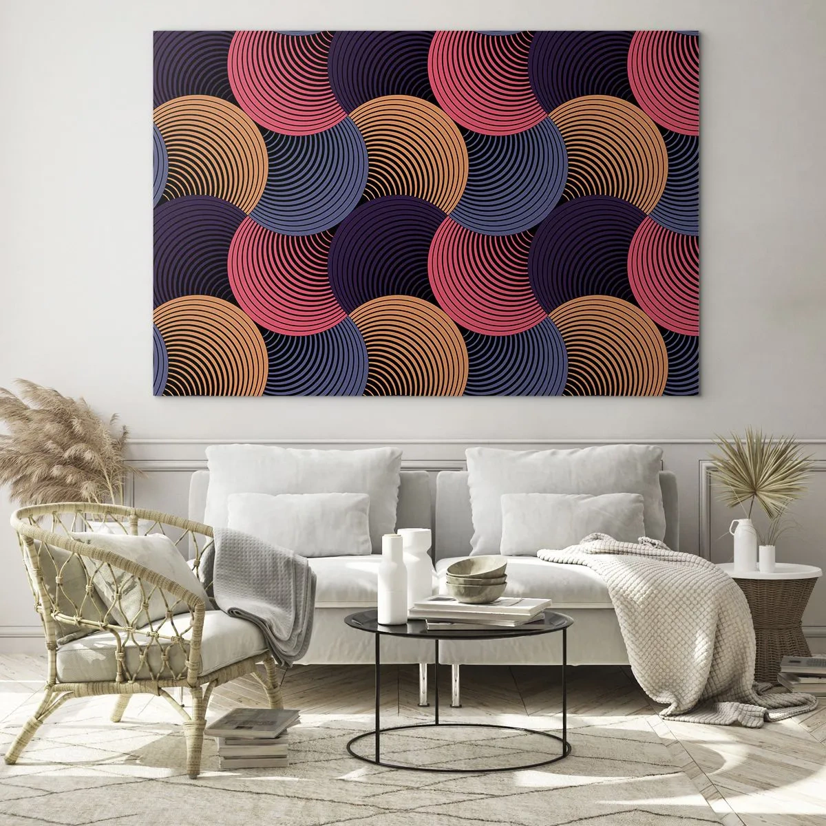 Glass picture - Colorful concentric circles forming a geometric pattern - 70x50cm - In a Circular Rhythm - Modern wall decoration for the living room and bedroom ARTTOR