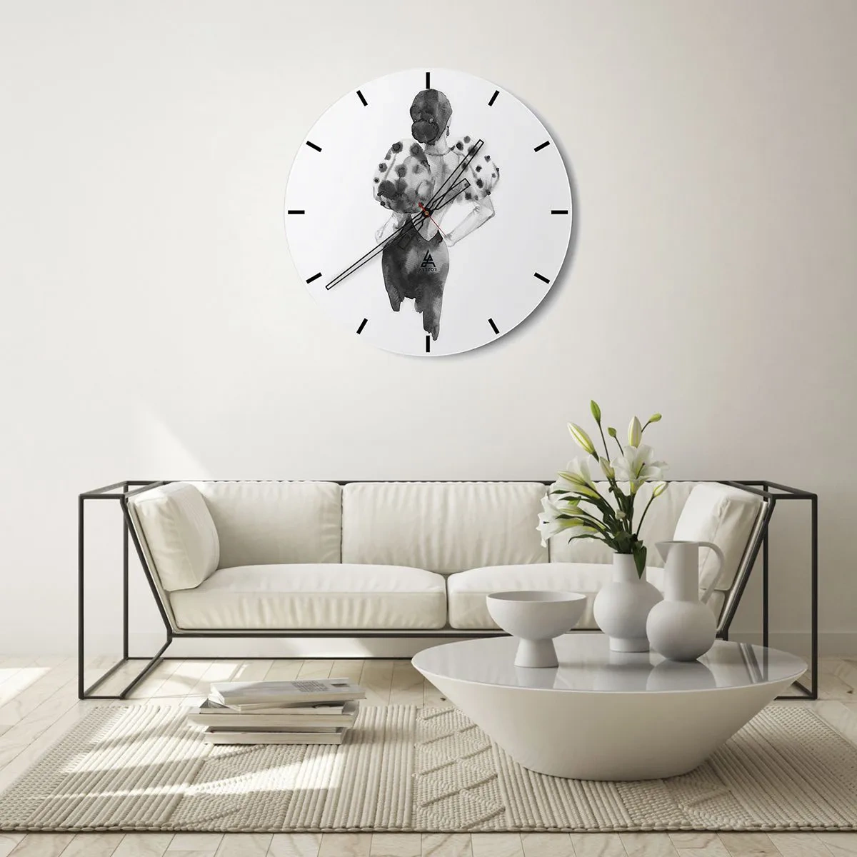 Wall clock - Clock on glass - Black and white illustration of a woman in an elegant dress - 30x30cm - She Passed by - Modern wall decoration for the living room, kitchen, and bedroom ARTTOR