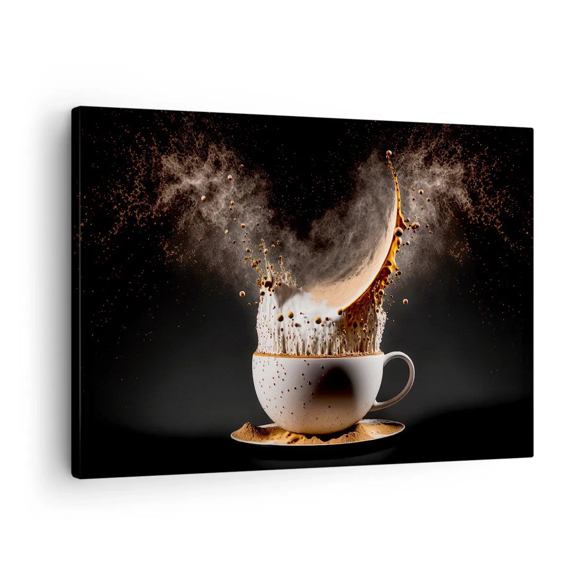 Canvas picture - A cup of coffee with a dynamic explosion of liquid on a black background. - 70x50cm - Explosion of Flavour - Modern wall decoration for the living room and bedroom ARTTOR