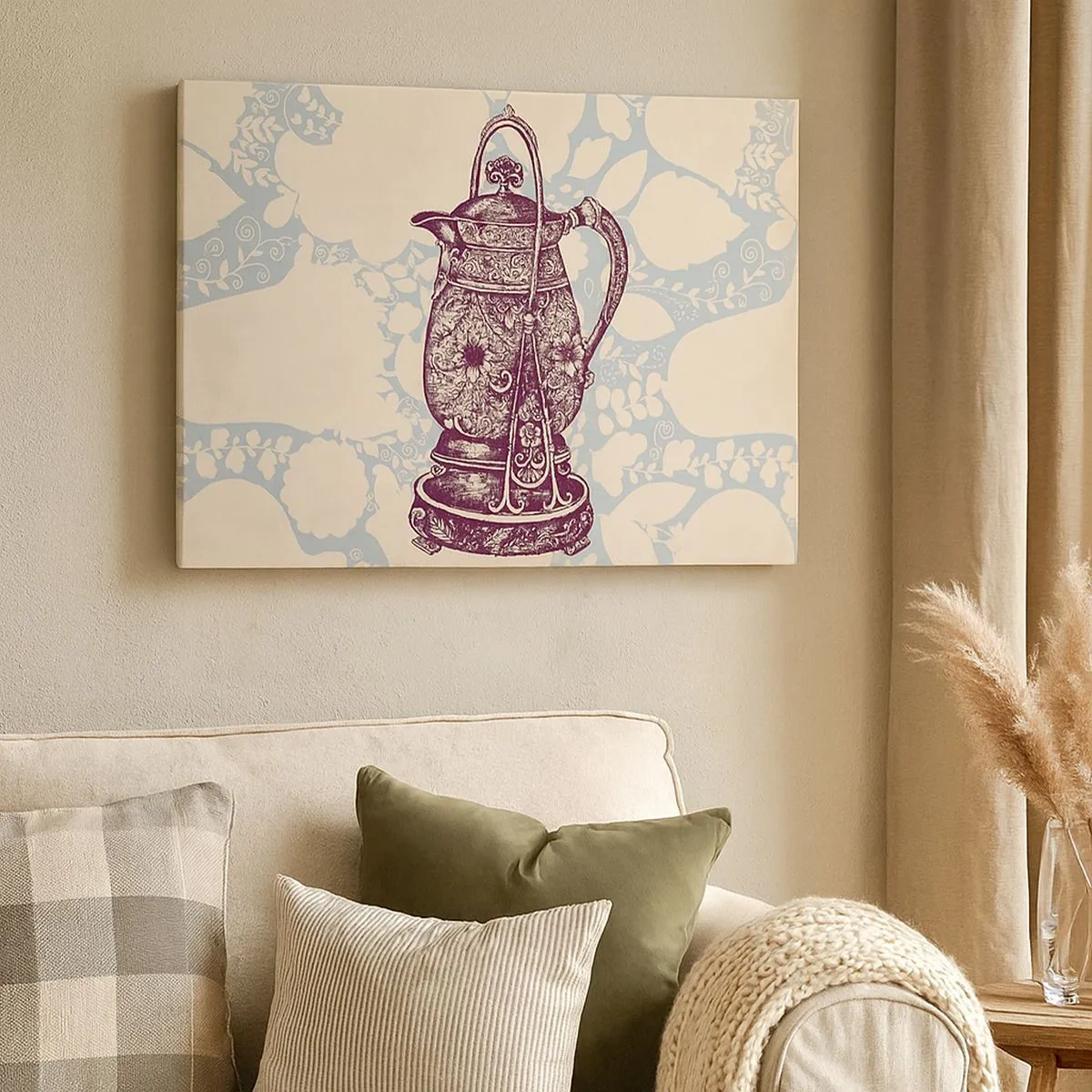 Canvas picture - Stylized jug with ornaments on a floral background - 70x50cm - Beauty of Ordinary Life - Modern wall decoration for the living room and bedroom ARTTOR