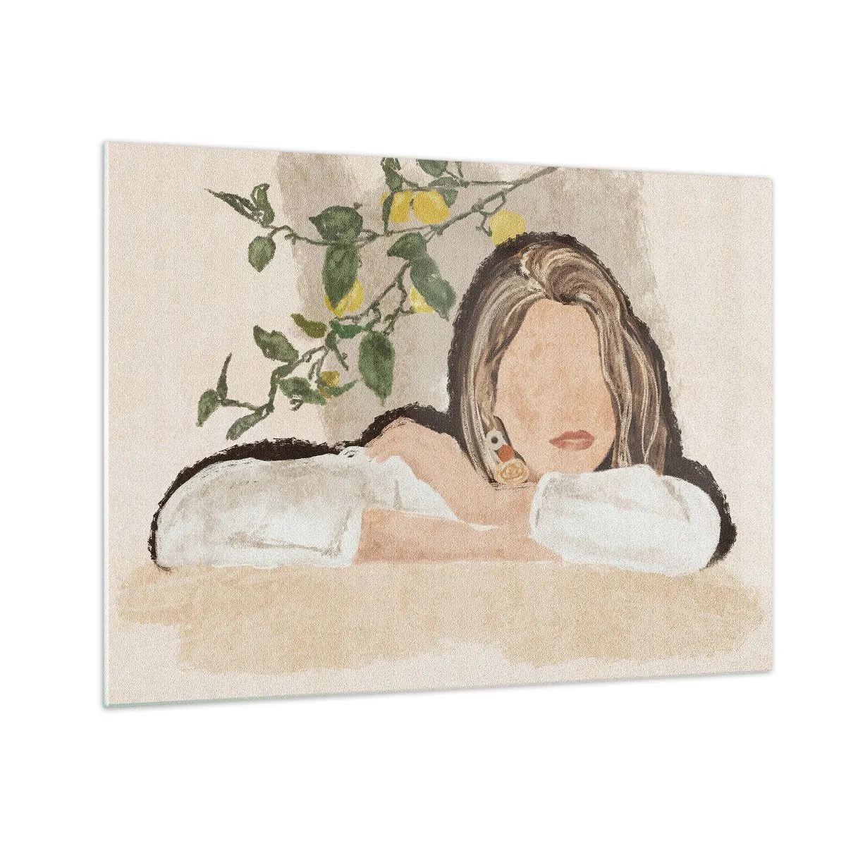 Glass picture - A woman leaning on a table among the branches of a lemon tree, her face featureless. - 70x50cm - Beauty of the South - Modern wall decoration for the living room and bedroom ARTTOR