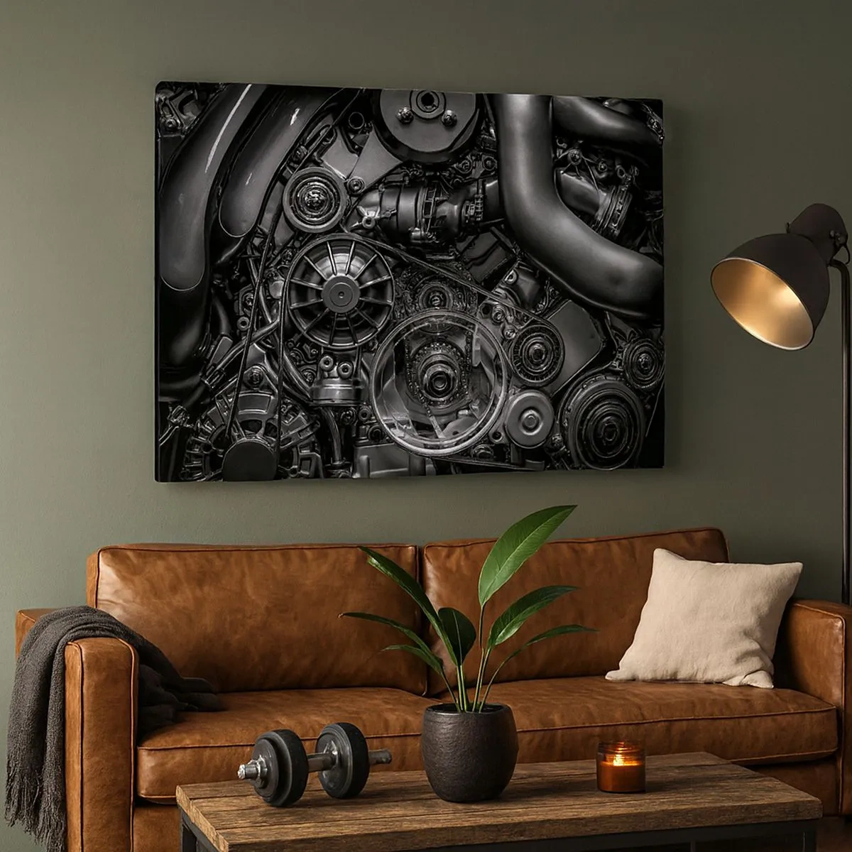 Canvas picture - Black and white close-up of the mechanical details of a car engine. - 70x50cm - Poetry of Mechanics - Modern wall decoration for the living room and bedroom ARTTOR