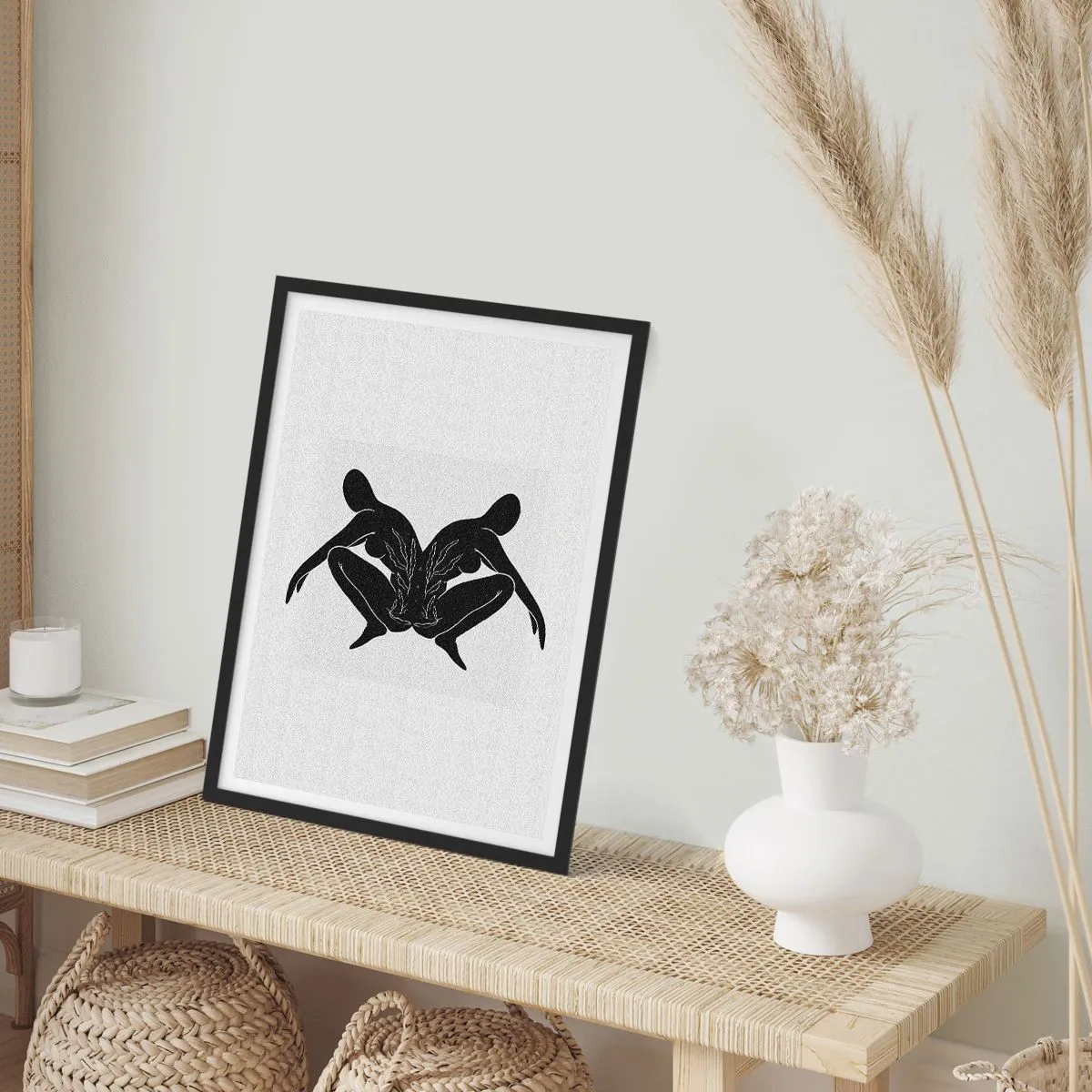 Poster in black frame - Black silhouettes of figures in a symmetrical composition - 50x70cm - Mutual Soul - Modern wall decoration for the living room and bedroom ARTTOR