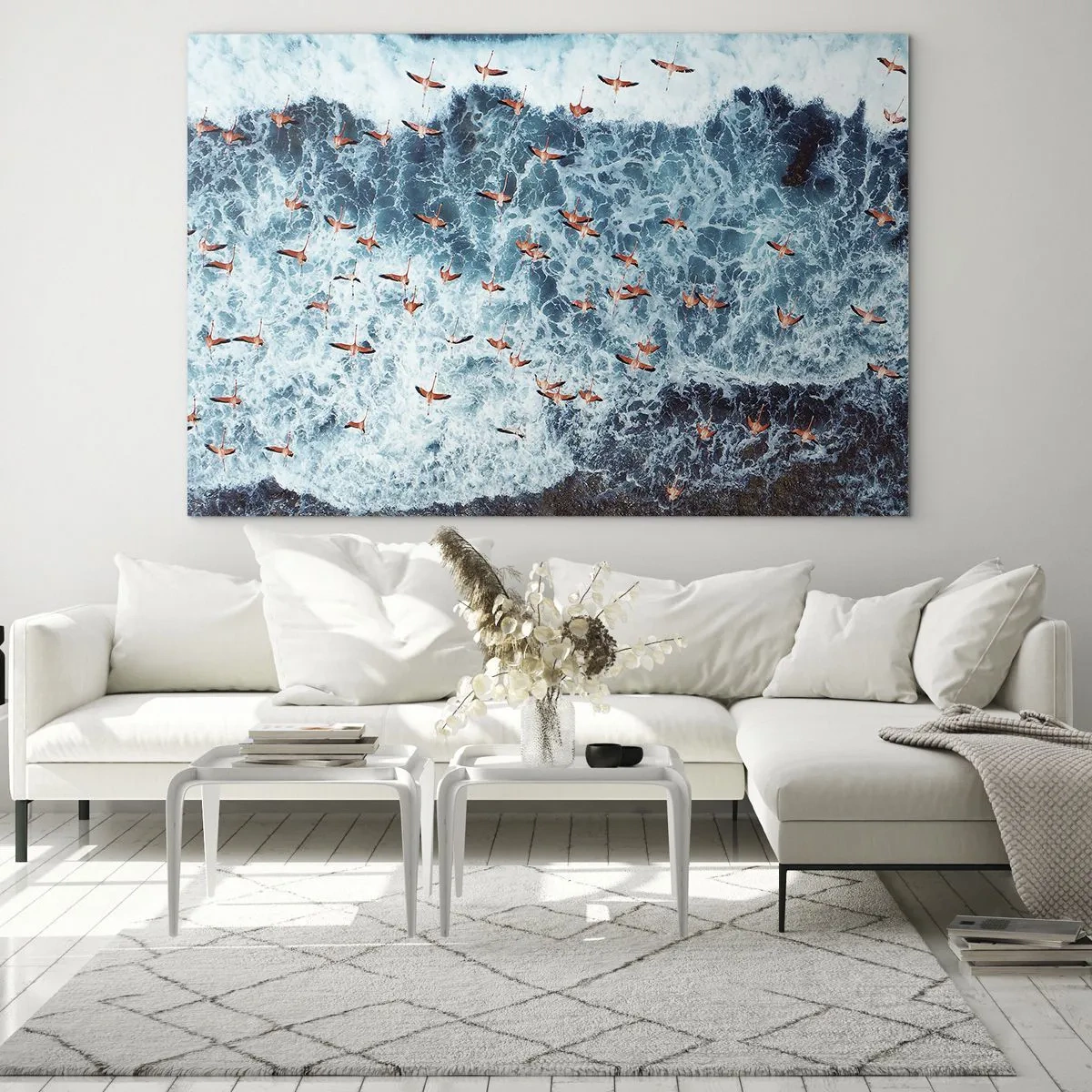 Glass picture - Pink flamingos above the rough ocean waves - 70x50cm - Seaside Parade - Modern wall decoration for the living room and bedroom ARTTOR