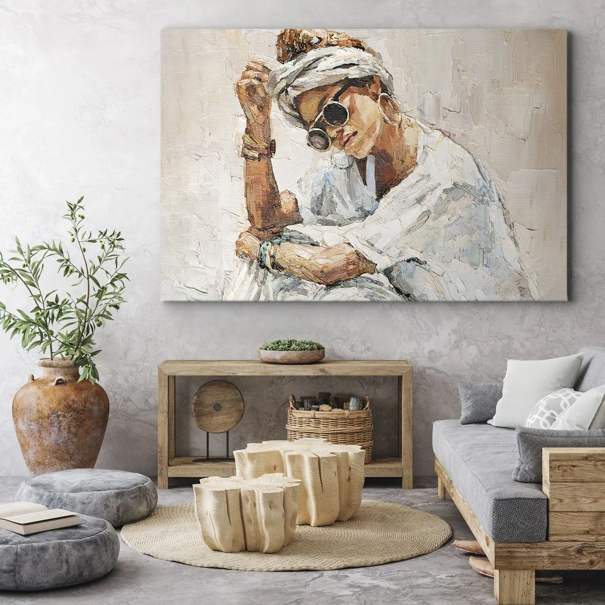 Canvas picture - Portrait of a woman wearing sunglasses against a light wall - 70x50cm - Portrait in Full Sun - Modern wall decoration for the living room and bedroom ARTTOR