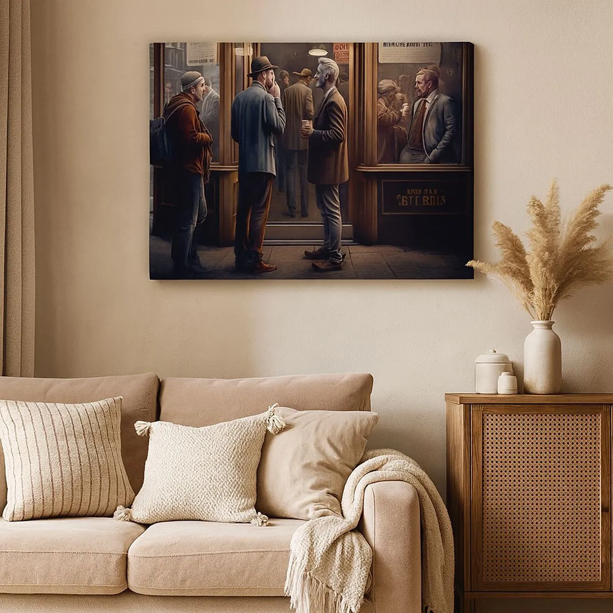 Canvas picture - Street scene with people in front of a retro cafe - 70x50cm - Good Time of the Day - Modern wall decoration for the living room and bedroom ARTTOR
