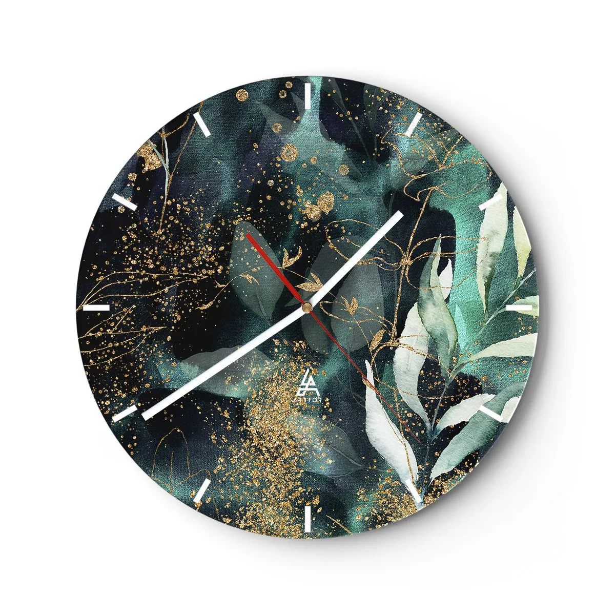 Wall clock - Clock on glass - Green leaves and gold accents on a dark background - 30x30cm - Enchanted Garden - Modern wall decoration for the living room, kitchen, and bedroom ARTTOR