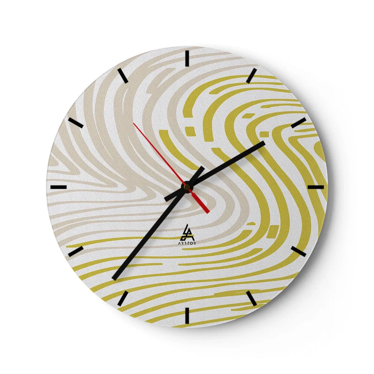 Wall clock - Clock on glass - Abstract lines in beige and yellow create a swirling pattern. - 30x30cm - Composition with a Gentle Curve - Modern wall decoration for the living room, kitchen, and bedroom ARTTOR