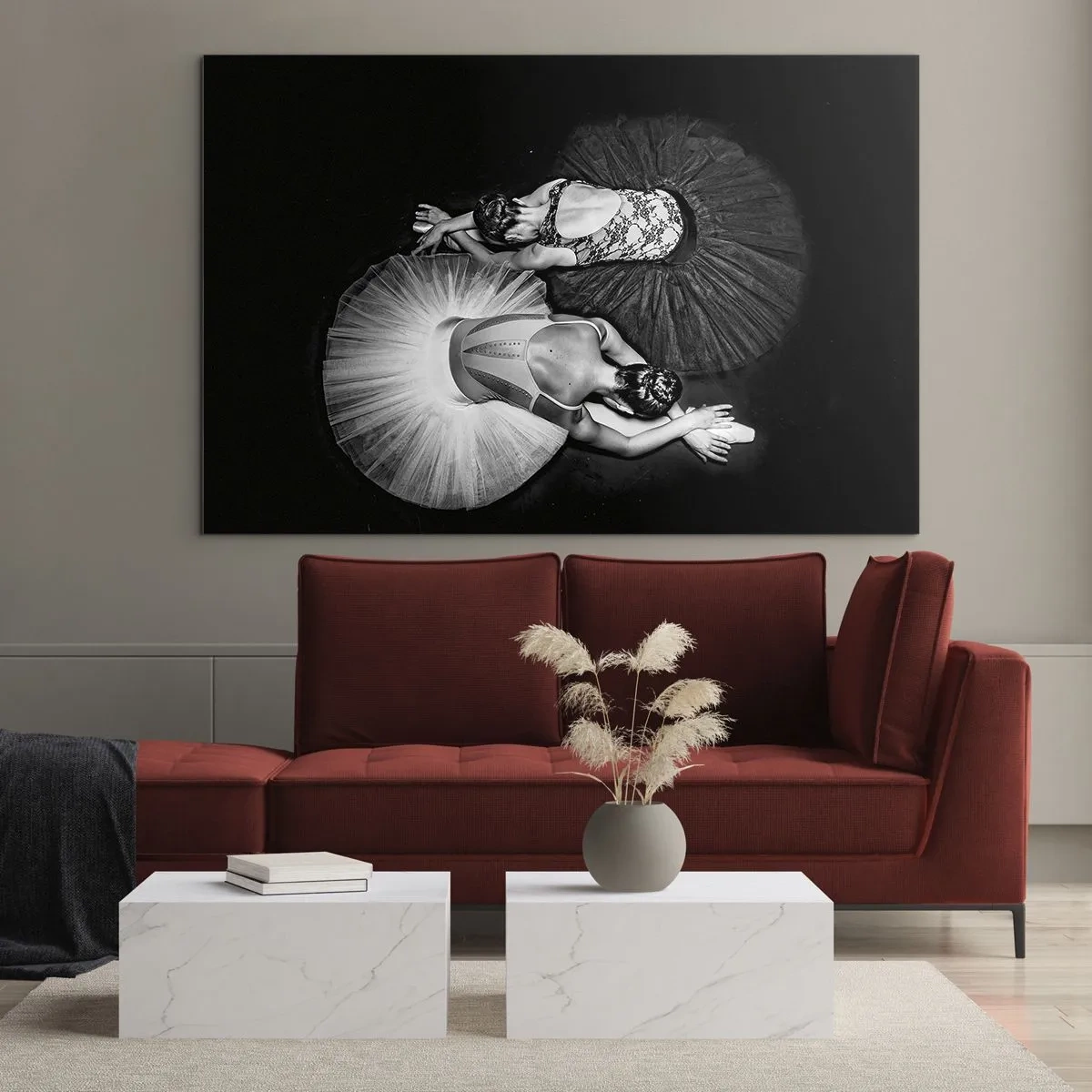 Glass picture - Two ballerinas in a resting pose wearing black and white tutus - 70x50cm - Yin and Yang - Ideal Balance - Modern wall decoration for the living room and bedroom ARTTOR